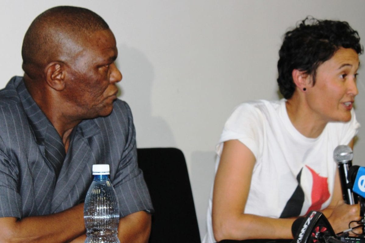 South Africa's Ambassador to Israel Sisa Ngombane (L) at a press conference with Leigh-Ann Naidoo of the Women's Boat to Gaza