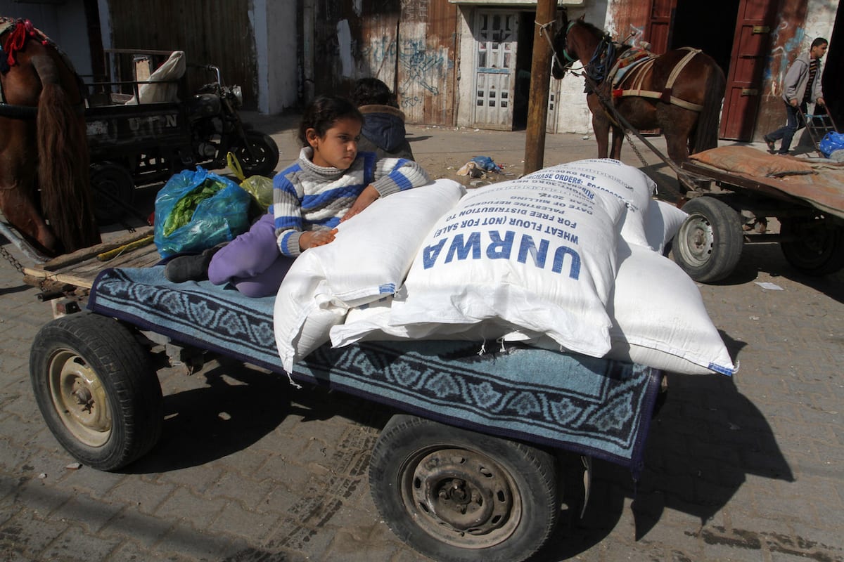 A Palestinian girl leans on sacks of flours on back of a horse-drawn carraige during a food aid distribution by UNRWA in Rafah, Gaza on January 22, 2017 [Abed Rahim Khatib / Anadolu Agency]