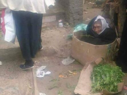 An 85-year old blind Egyptian woman living in a cardboard box selling vegetables