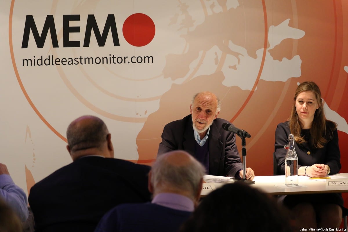 Former United Nations Special Rapporteur for Palestine Richard Falk is seen at the launch of his new book at an event hosted by MEMO in London, UK, on 20 March 2017 [Jehan AlFarra/Middle East Monitor]
