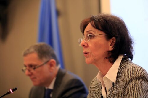 BEIRUT, LEBANON - MARCH 15: UN Under-Secretary General and ESCWA Executive Secretary Rima Khalaf delivers a speech during a press conference on a report in Beirut, Lebanon on March 15, 2017. (Ratib Al Safadi - Anadolu Agency)