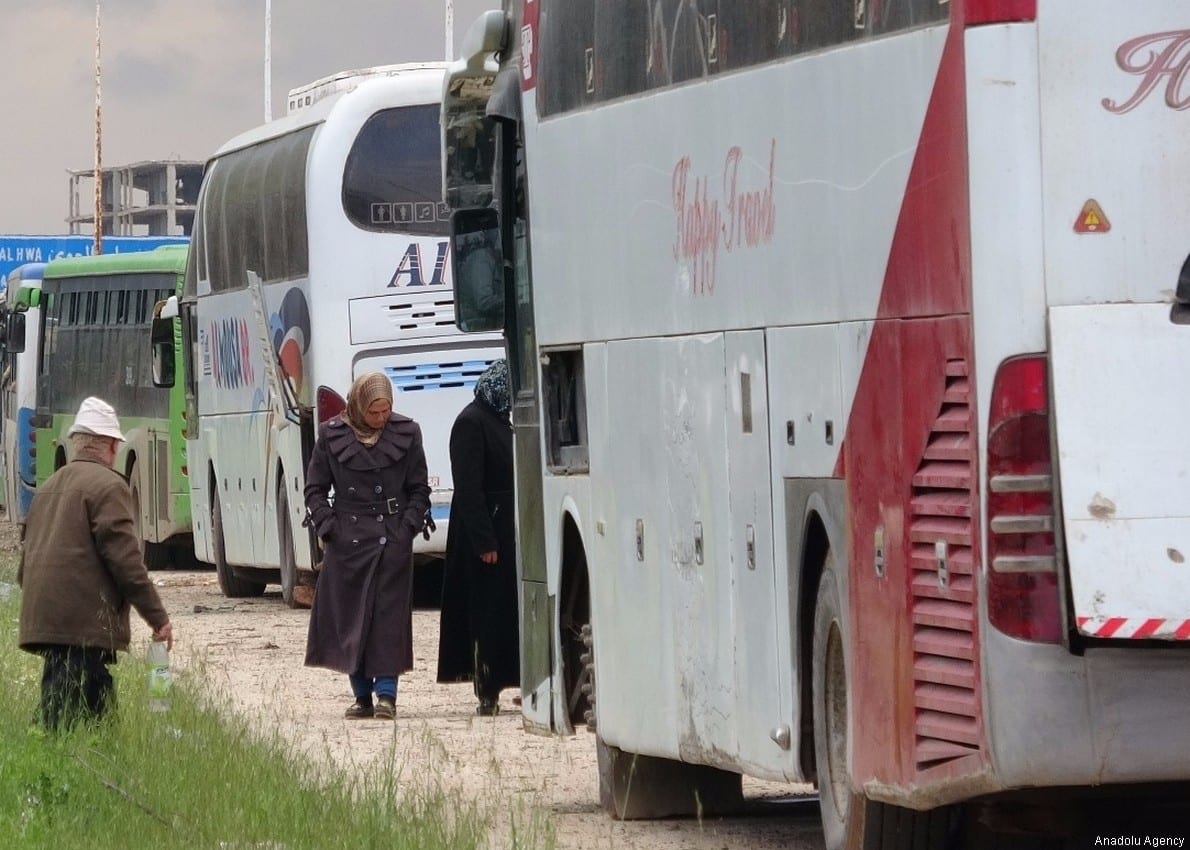 A convoy, carrying Syrian civilians and opposition forces who were evacuated from Idlib, Syria on April 14, 2017. ( Eymen Karaca - Anadolu Agency )