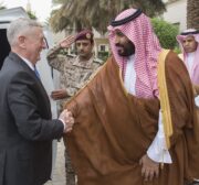 US Secretary of Defence, James Mattis (L) is welcomed by Defence Minister of Saudi Arabia Mohammad Bin Salman Al Saud (R) in Riyadh, Saudi Arabia on April 19, 2017 [Bandar Algaloud/Anadolu Agency]