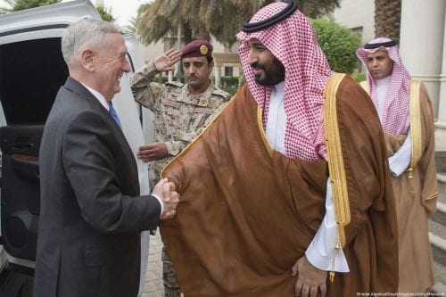 United States Secretary of Defence, James Mattis (left), meets with Defence Minister of Saudi Arabia Mohammad Bin Salman Al Saud (right) during his official visit in Riyadh, Saudi Arabia on 19 April 2017. [Bandar Algaloud/Saudi Kingdom Council/Handout]