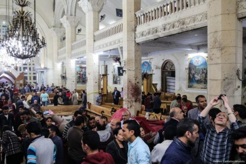 People are seen at the damaged Saint George church after a bombing struck inside the church in Egypt on April 9, 2017. (İbrahim Ramadan/Anadolu Agency)