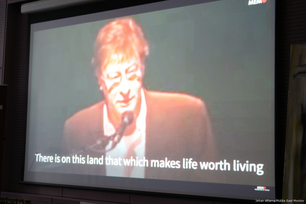 A short documentary of the Palestinian poet and political activist Mahmoud Darwish was shown at the event on 10 April 2017 [Jehan Alfarra/Middle East Monitor]