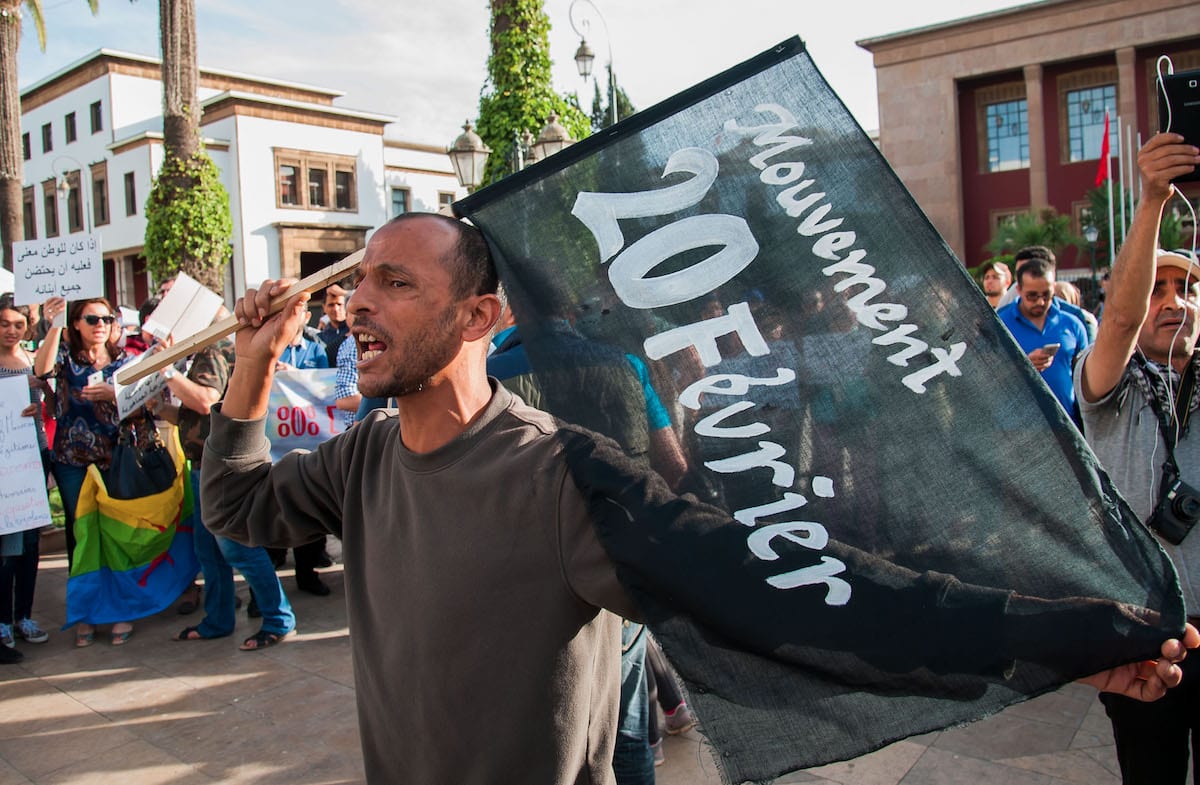 Moroccans protest outside the parliament building in Rabat, Morocco on May 18, 2017 [Jalal Morchidi/Anadolu Agency]