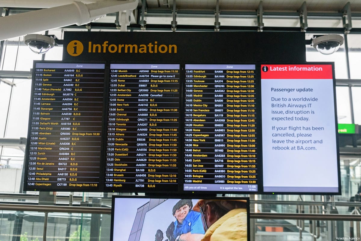 A British Airways electronic timetable board inside Heathrow airport Terminal 5 on 29 May 2017 [Ray Tang/Anadolu Agency]