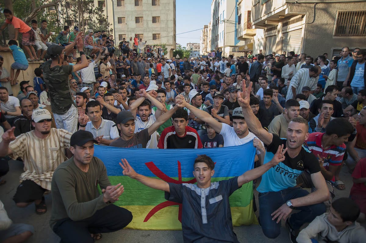 Protesters, supporting Rif Movement leader Nasser Zefzafi stage a demonstration demanding from government to take action for development of the region, in Imzouren own of Hoceima, Morocco on June 11, 2017 [Jalal Morchidi / Anadolu Agency]