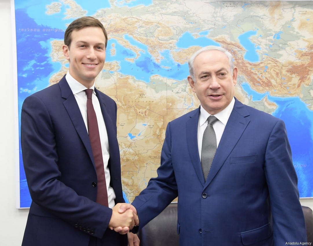 Jared Kushner (L), U.S President Donald Trump's son-in-law and adviser shakes hand with Israeli Prime Minister Benjamin Netanyahu (R) prior to their meeting at the prime minister's office in occupied East Jerusalem, Israel on 24 August 2017. [Israeli Prime Ministry /Handout ]