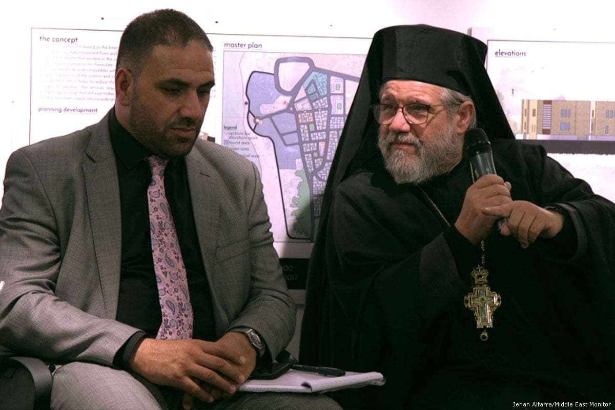 Europal Forum Project Manager Ragad Altikriti and Archimandrite Abdallah Giulio Brunella, Greek Melkite Catholic Patriarchate of Jerusalem at the Europal Forum and MEMO event in London, on 11 September, 2017 [Jehan Alfarra/Middle East Monitor]