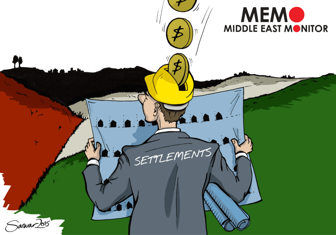 Funding for Settlements - Cartoon [Sarwar Ahmed/MiddleEastMonitor]