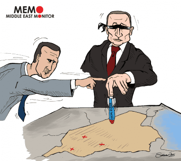 Putin blindly bombs Syria - Cartoon [Sarwar Ahmed/MiddleEastMonitor]