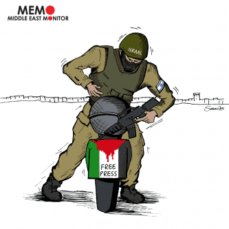 Israeli Attacks on Press - Cartoon [Sarwar Ahmed/MiddleEastMonitor]