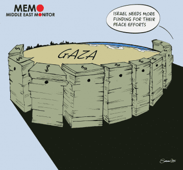 Funding for Peace - Cartoon [Sarwar Ahmed/MiddleEastMonitor]