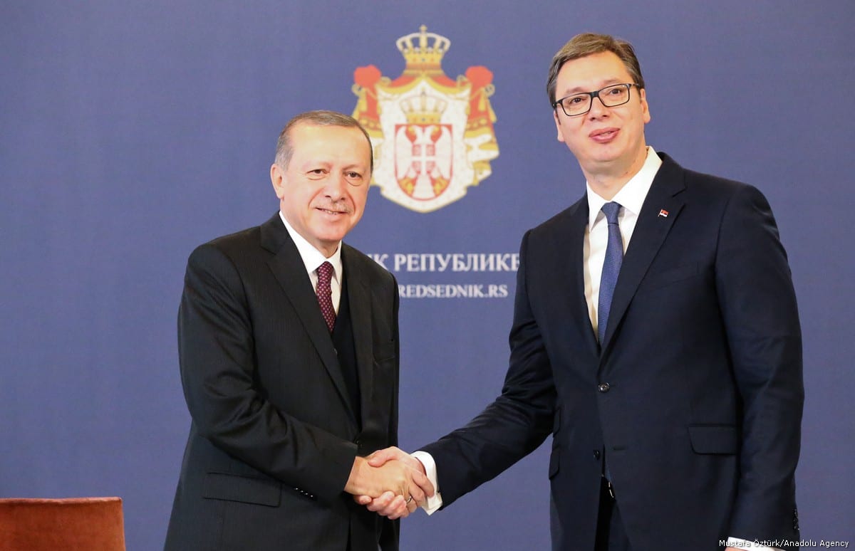 President of Turkey Recep Tayyip Erdogan (L) shakes hands with President of Serbia Aleksandar Vucic (R) during their meeting after an official welcoming ceremony at the Palace of Serbia in Belgrade, Serbia on 10 October, 2017 [Mustafa Öztürk/Anadolu Agency]