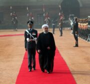 Iranian President Hassan Rouhani (R) inspect the honor guard during an official welcoming ceremony in New Delhi, India on February 17, 2018 [Iranian Presidency / Handout / Anadolu Agency]