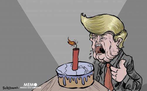 2017 was a year of chaos and instability under the Donald J. Trump doctrine - Cartoon [Sabaaneh/MiddleEastMonitor]