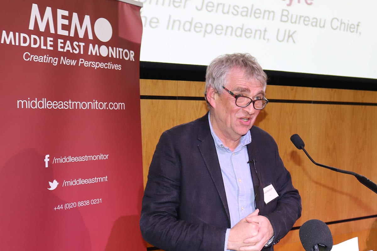 Donald Macintyre at Middle East Monitor's 'Jerusalem: Legalising the Occupation' conference in London, UK on March 3, 2018 [Jehan Alfarra/Middle East Monitor]