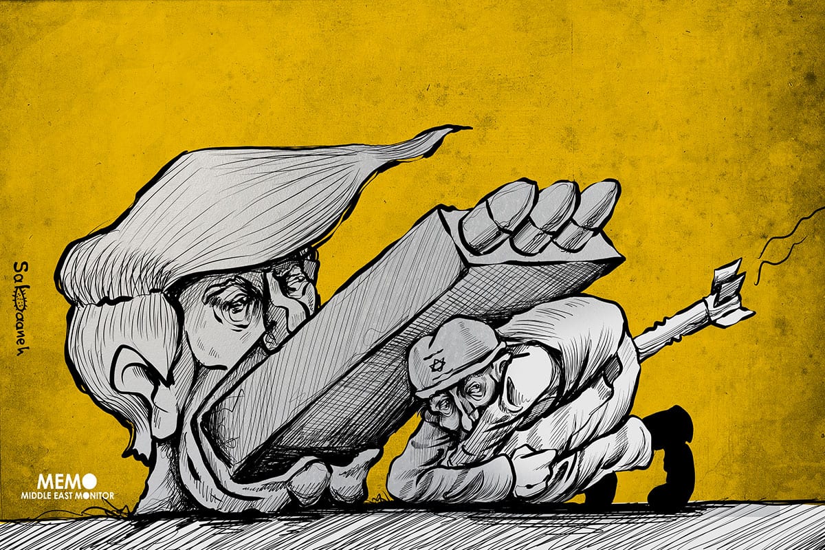 Iran Nuclear Deal or Trump protecting Israel - Cartoon [Sabaaneh/MiddleEastMonitor]