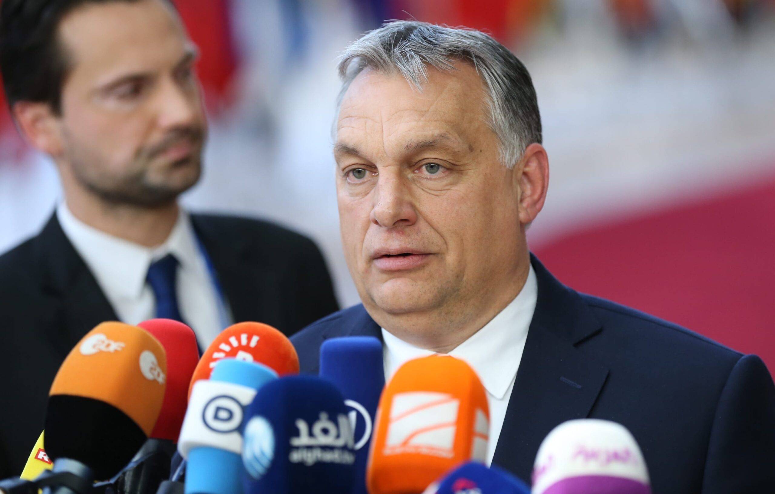 Prime Minister of Hungary Viktor Orban speaks to journalists before entering the meeting hall during the EU Leaders summit in Brussels, Belgium, 28 June 2018 [Dursun Aydemir/Anadolu Agency]