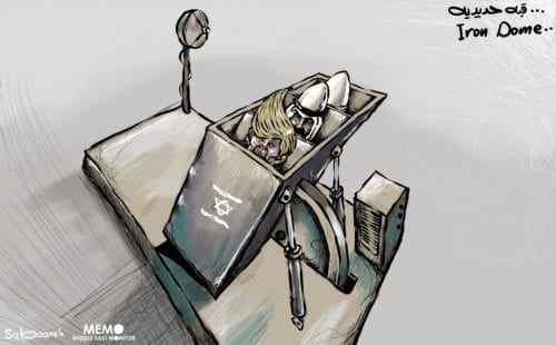 The Iron Dome, Israeli military systems which intercept missiles - Cartoon [Sabaaneh/MiddleEastMonitor]
