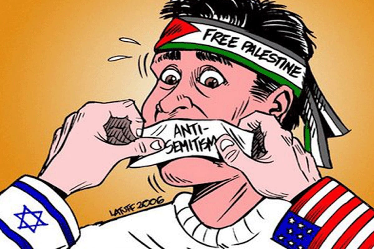 Carlos Latuff's cartoon - Criticisms of Israel labelled as antisemitism [Twitter]