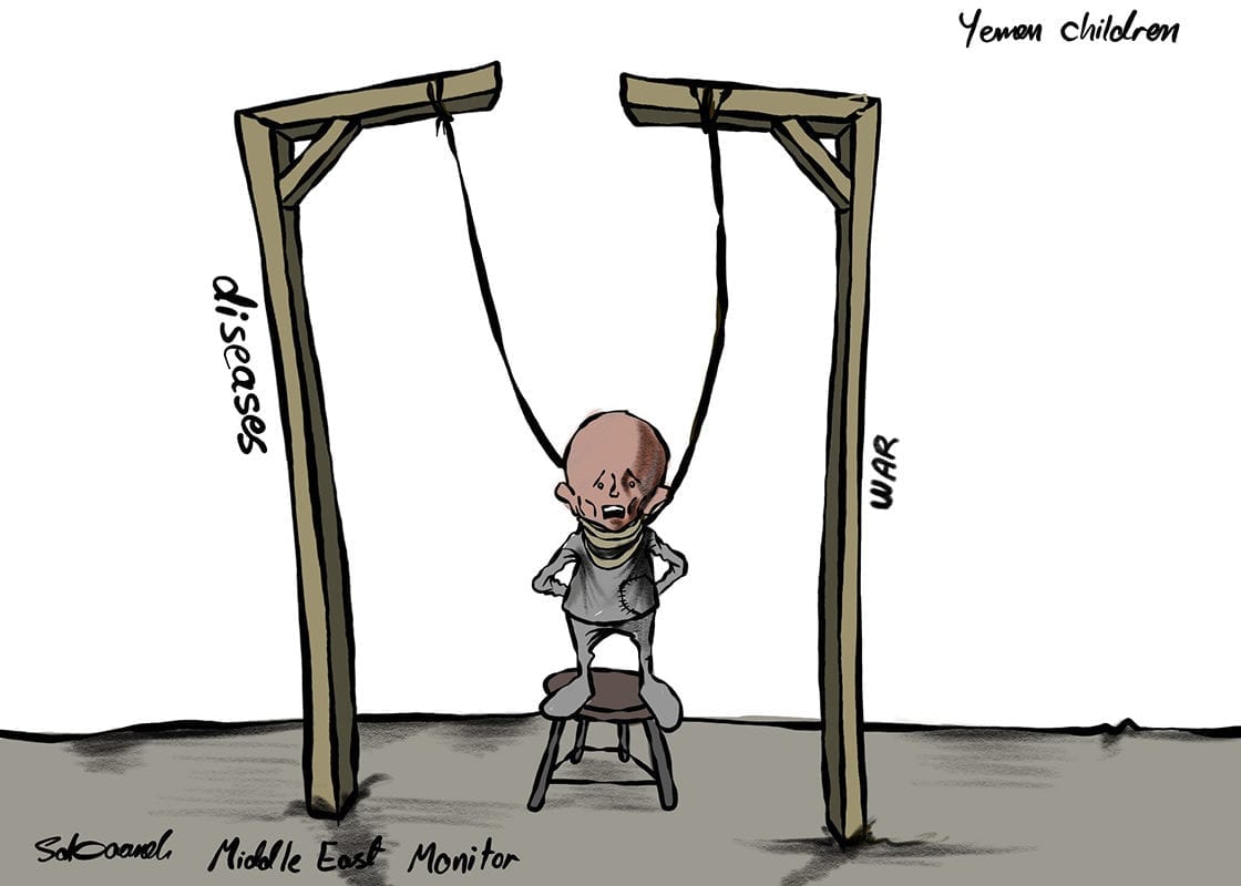 Yemeni children affected by the Saudi-coalition war - Cartoon [Sabaaneh/MiddleEastMonitor]