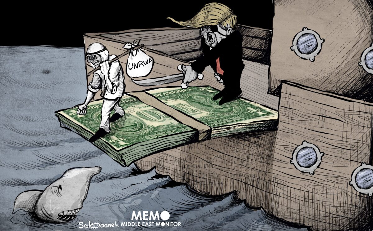 US decision to cut UNRWA funding - Cartoon [Sabaaneh/MiddleEastMonitor]