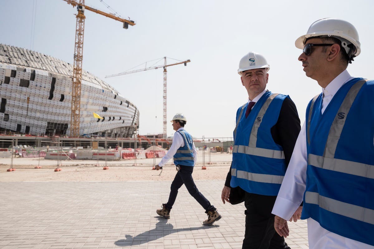 FIFA President Gianni Infantino (C) inspects Al Wakrah Stadium, which is under construction within the preparations of 2022 FIFA World Cup, during his visit in Doha, Qatar on October 23, 2018. ( Qatar 2022 Local Organizing Committee / Handout - Anadolu Agency )