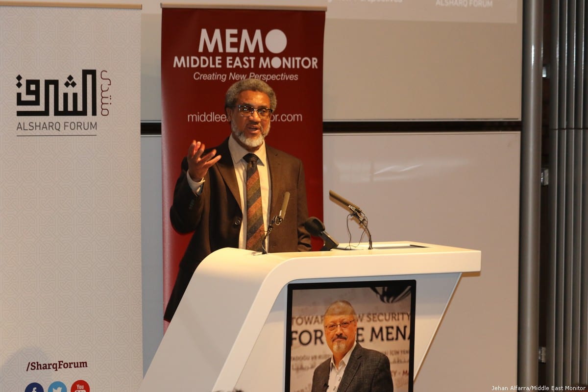 Dr Daud Abdullah, MEMO's director and friend of Jamal Khashoggi, speaks at MEMO and Al-Sharq Forum's event in London 'Remembering Jamal' on 29 October 2018 [Jehan Alfarra/Middle East Monitor]