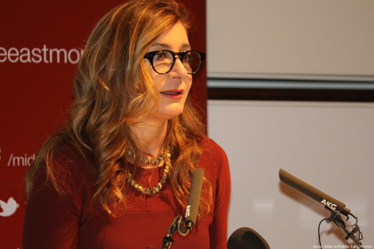 Sarah Leah Whitson, the executive director of Human Rights Watch's Middle East and North Africa Division speaks at MEMO and Al-Sharq Forum's event in London 'Remembering Jamal' on 29 October 2018 [Jehan Alfarra/Middle East Monitor]