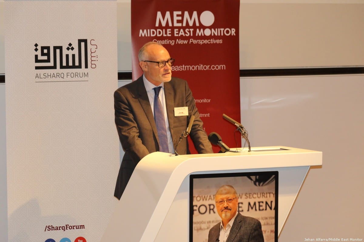 Crispin Blunt MP, the Member of Parliament for the Reigate constituency in Surrey speaks at MEMO and Al-Sharq Forum's event in London 'Remembering Jamal' on 29 October 2018 [Jehan Alfarra/Middle East Monitor]