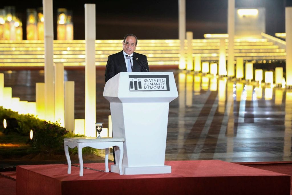 Egypt's President Abdel-Fattah al-Sisi speaks during the opening ceremony of the World Youth Forum in Sharm el-Sheikh on November 2, 2018. (Photo by Pedro Costa Gomes / AFP / Getty Images)