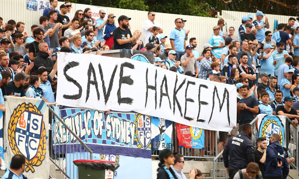 Sydney FC fans display a sign in support for Bahraini footballer Hakeem al-Araibi during the round 14 A-League match between Sydney FC and the Newcastle Jets at WIN Jubilee Stadium on 19 January 2019 in Sydney, Australia. [Mark Nolan/Getty Images]
