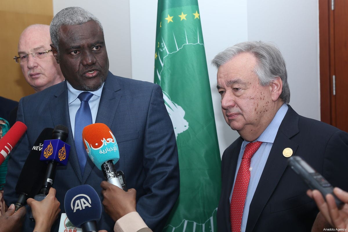 United Nations Secretary General Antonio Guterres (R) and African Union Commission (AUC) Chairperson Moussa Faki Mahamat (L) speak to the press following their meeting in Addis Ababa, Ethiopia on February 9, 2019. [Minasse Wondimu Hailu - Anadolu Agency]