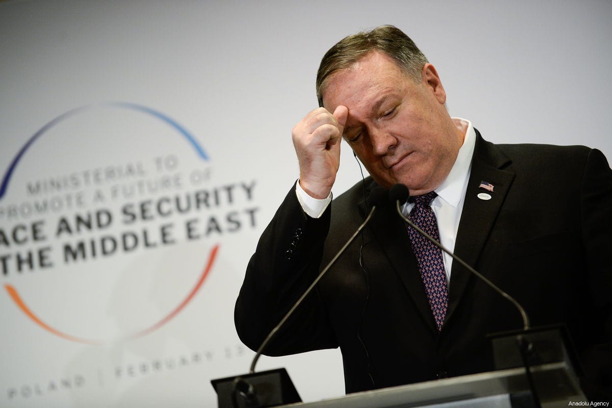 US Secretary of State Mike Pompeo delivers a speech during a joint press conference with Polish Foreign Minister, Jacek Czaputowicz (not seen) at the "Ministerial to Promote a Future of Peace and Security in the Middle East" co hosted by US and Poland in the National Stadium in Warsaw, Poland on 14 February 2019. [ Omar Marques - Anadolu Agency ]