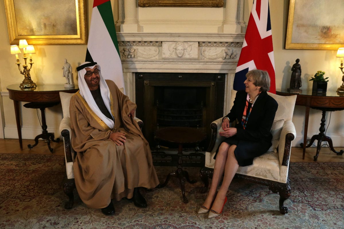 British Prime Minister Theresa May (R) speaks with Crown Prince of Abu Dhabi General Sheikh Mohammed Bin Zayed Al Nahyan during a meeting at 10 Downing Street in central London on 23 February 2017. [DANIEL LEAL-OLIVAS/AFP/Getty Images]
