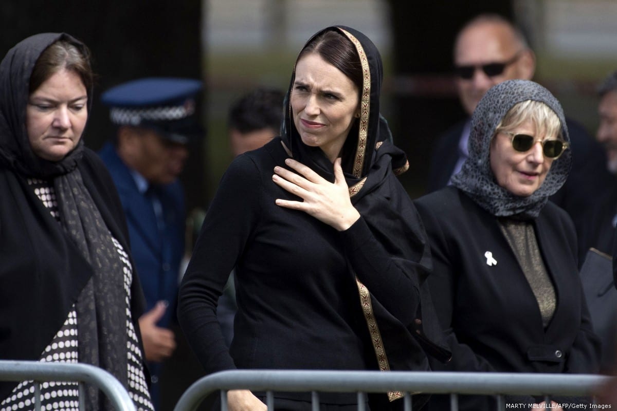 New Zealand's Prime Minister Jacinda Ardern leaves a gathering in honour for those killed in the Christchurch Massacre on 22 March 2019 [MARTY MELVILLE/AFP/Getty Images]