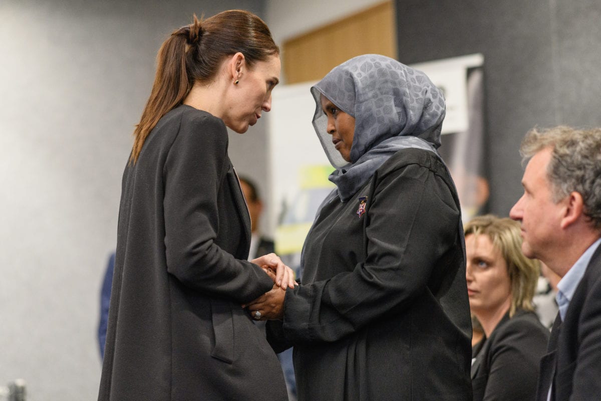 New Zealand Prime Minister Jacinda Ardern greets a first responder during a visit at the Justice and Emergency Services precinct on March 20, 2019 in Christchurch, New Zealand. [Kai Schwoerer/Getty Images]