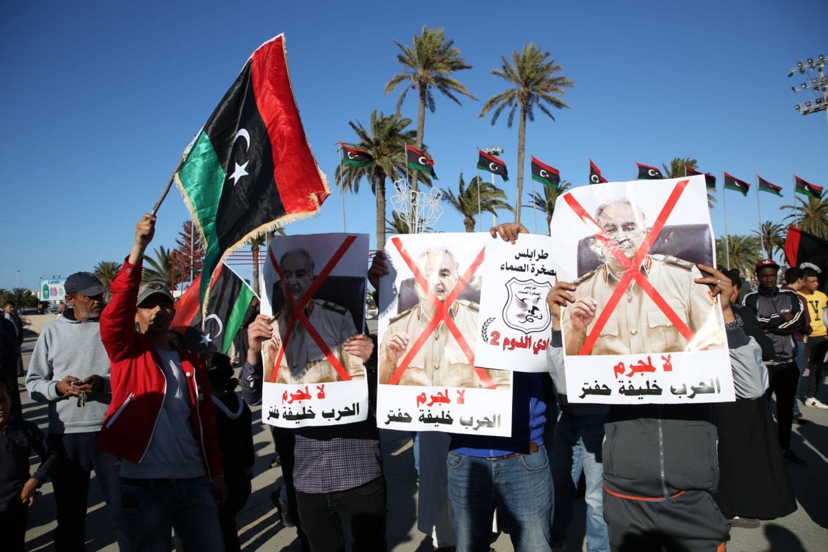 People attend a protest against Libyan military commander Khalifa Haftar's offensive to seize Tripoli, on 12 April 2019. [Hazem Turkia - Anadolu Agency]
