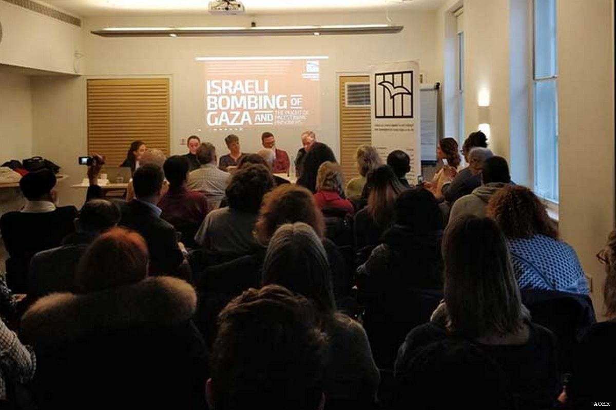 A seminar on the Israeli bombing of the Gaza Strip and the plight of Palestinian prisoners in Israeli jails by the Arab Organisation for Human Rights (AOHR) in the UK on 8 April 2019 [AOHR]