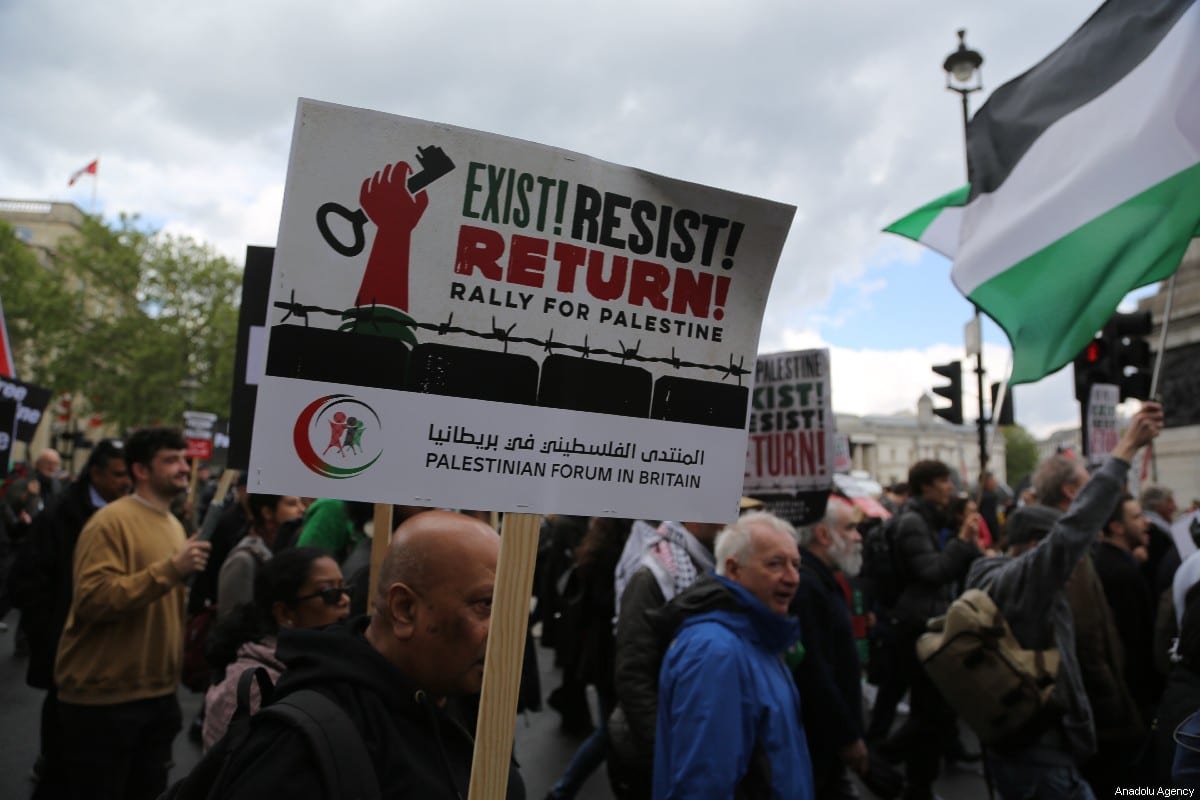 Thousands attend a protest organised by the Stop the War Coalition and Palestine Solidarity Campaign in support of the Palestinian people, to mark the 71st anniversary of the Palestinian Nakba, on May 11, 2019 in London, England [Tayfun Salcı / Anadolu Agency]