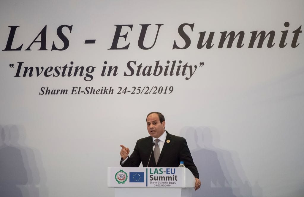 Egyptian President Abdel Fattah al-Sisi addresses a press conference at the end of the first joint European Union and Arab League summit in the Egyptian Red Sea resort of Sharm el-Sheikh, on 25 February, 2019 [KHALED DESOUKI/AFP/Getty Images]