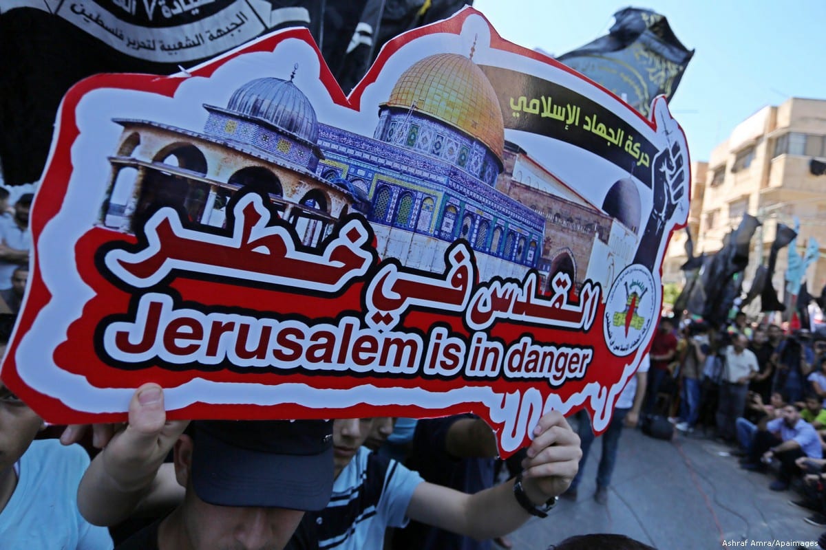 Palestinians take part in a protest marking the annual Quds Day in Gaza on 23 June 2017 [Ashraf Amra/Apaimages]