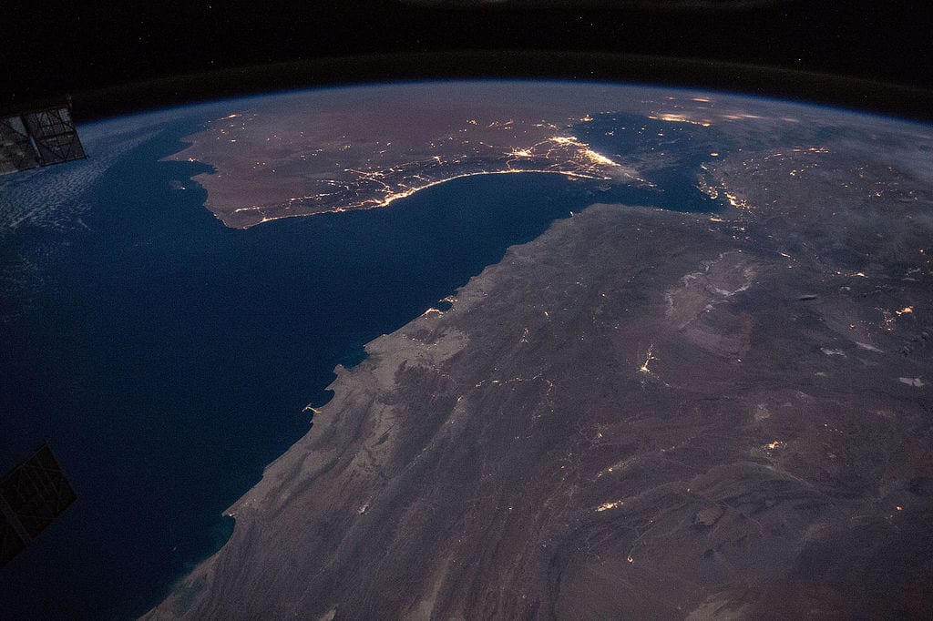 Gulf of Oman with Strait of Hormuz at night [Wikipedia]