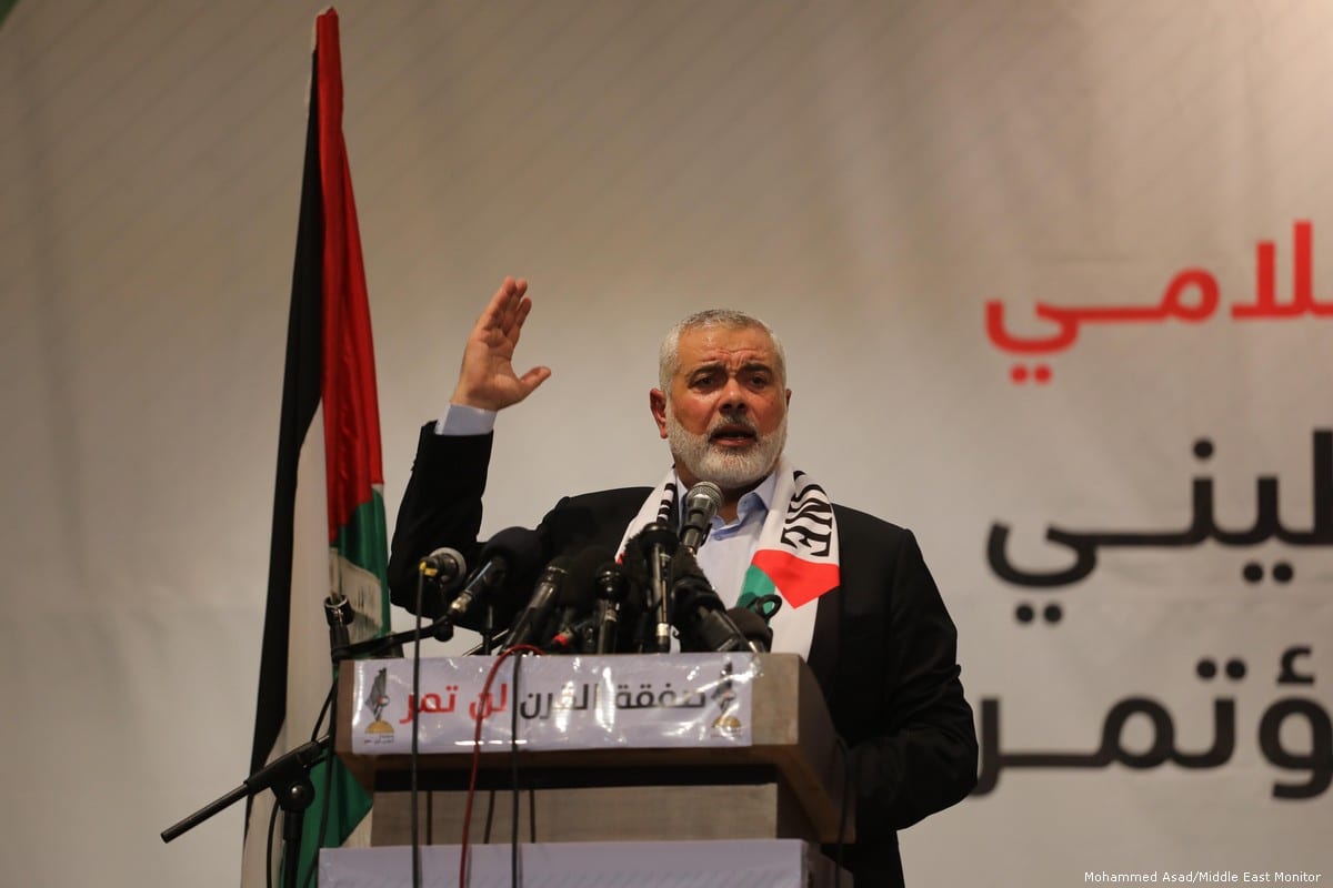 Head of the Political Bureau of Hamas Ismail Haniyeh during a conference in Gaza held to protest against the Manama Workshop on 26 June 2019 [Mohammed Asad/Middle East Monitor]
