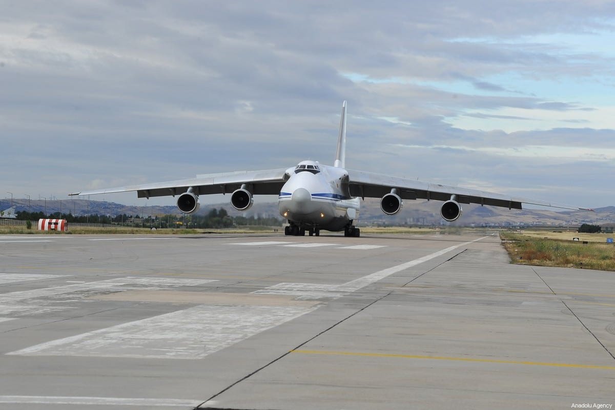Russian Antonov AN-124 Russian transport aircraft, carrying the first batch of equipment of S-400 missile defense system, arrives at Murted Air Base in Ankara, Turkey on July 12, 2019 [Turkey’s National Defense Ministry / Handout - Anadolu Agency]