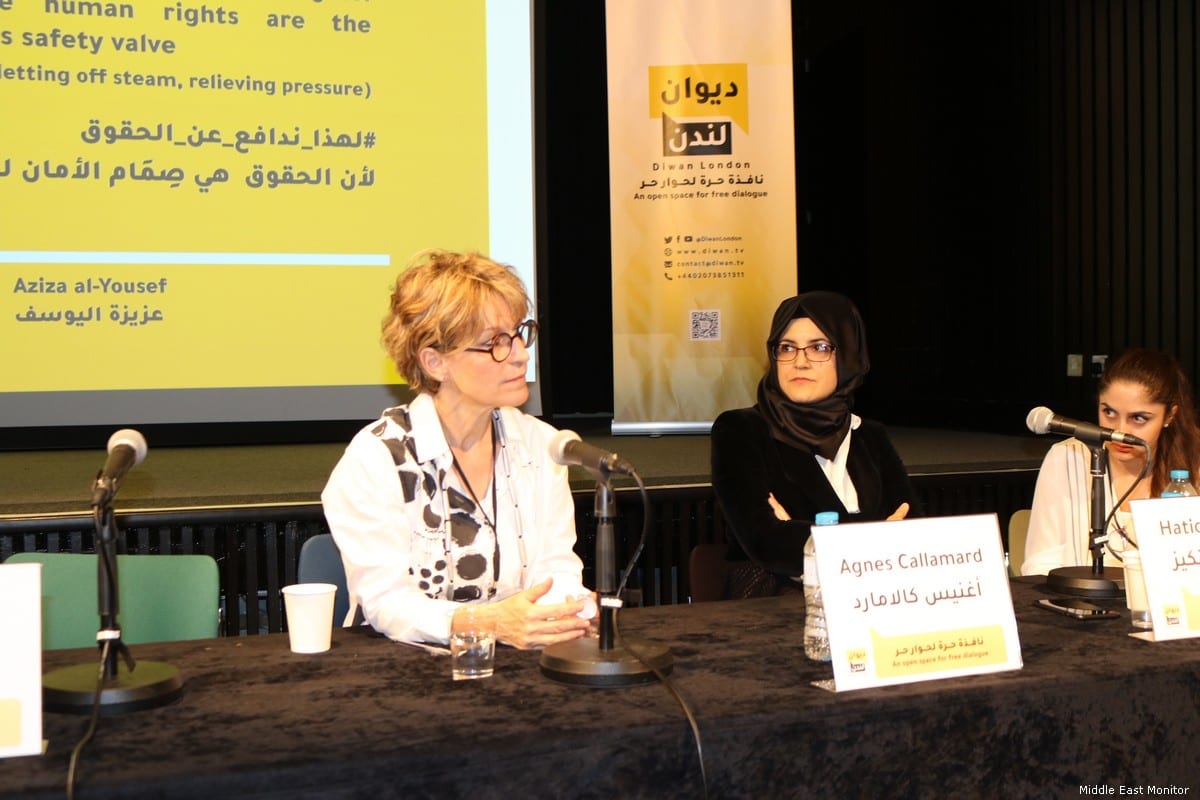 UN’s extrajudicial executions investigator, Agnes Callamard (C), Karen Attiah, Khashoggi’s fiancée Hatice Cengiz (L) and Yahya Assiri at an event for the late Saudi journalist. Saudi Journalist Jamal Khashoggi in London, UK on 9 July 2019 [Middle East Monitor]