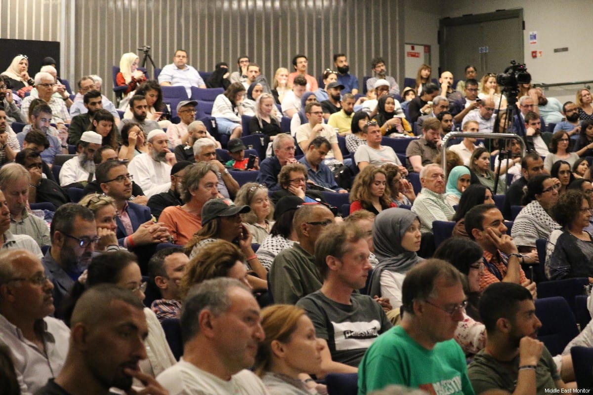 The audience seen in the main lecture theatre during the first day of the Palestine Expo 2019 on 6 July 2019 in London, UK [Middle East Monitor]